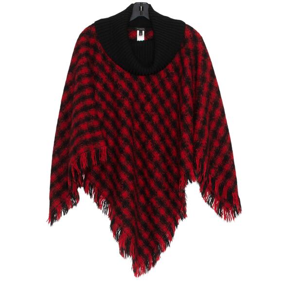 Talbots Poncho Sweater Fringe Buffalo Plaid Western Equestrian Red Black Large - Picture 1 of 6